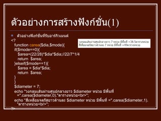 ตัวอย่างการสร้างฟังก์ชั่น ( 1 ) ตัวอย่างฟังก์ชั่นที่รับอาร์กิวเมนต์ <? function  carea ( $dia,$mode ) { if ( $mode == 0 ) { $area =( 22/28 )* $dia * $dia; // 22/7 * 1/4 return  $area; }elseif ( $mode == 1 ) { $area  =  $dia * $dia; return  $area; } } $diameter  =  7; echo  " วงกลมเส้นผ่านศูนย์กลางยาว  $diameter  หน่วย มีพื้นที่  =". carea ( $diameter,0 )." ตารางหน่วย <br> " ; echo  " สี่เหลี่ยมจตุรัสยาวด้านละ  $diameter  หน่วย มีพื้นที่  =". carea ( $diameter,1 )." ตารางหน่วย <br> " ; ?> 