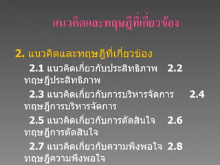 2.  แนวคิดและทฤษฎีที่เกี่ยวข้อง 2.1  แนวคิดเกี่ยวกับประสิทธิภาพ  2. 2   ทฤษฎีประสิทธิภาพ 2.3  แนวคิดเกี่ยวกับการบริหารจัดการ 2.4  ทฤษฎีการบริหารจัดการ 2.5  แนวคิดเกี่ยวกับการตัดสินใจ 2.6  ทฤษฎีการตัดสินใจ 2.7  แนวคิดเกี่ยวกับความพึงพอใจ 2.8  ทฤษฎีความพึงพอใจ 2.9  แนวคิดเกี่ยวกับการจูงใจ 2.10  ทฤษฎีการจูงใจ 2.11  แนวคิดเกี่ยวกับการบริการ 