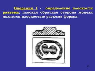 Операция 1  -  определение плоскости разъема ; плоская обратная сторона модели является плоскостью разъема формы. 