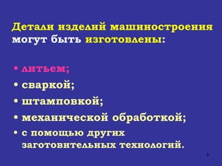 литьем;   сваркой;  штамповкой;  механической обработкой;  с помощью других заготовительных технологий.  Детали изделий   машиностроения  могут быть  изготовлены :   