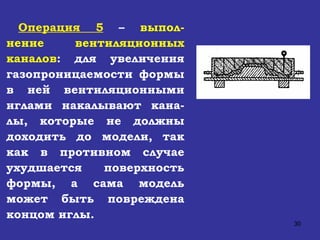 Операция 5   –  выпол-нение вентиляционных каналов : для увеличения газопроницаемости формы в ней вентиляционными иглами накалывают кана-лы, которые не должны доходить до модели, так как в противном случае ухудшается поверхность формы, а сама модель может быть повреждена концом иглы. 
