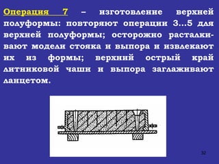 Операция 7  – изготовление верхней полуформы: повторяют операции 3…5 для верхней полуформы; осторожно расталки-вают модели стояка и выпора и извлекают их из формы; верхний острый край литниковой чаши и выпора заглаживают ланцетом. 