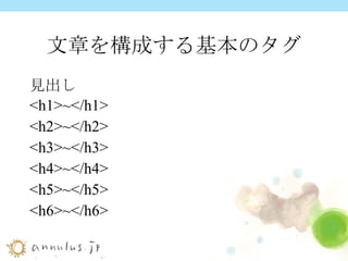 文章を構成する基本のタグ 見出し <h1>~</h1> <h2>~</h2> <h3>~</h3> <h4>~</h4> <h5>~</h5> <h6>~</h6> 
