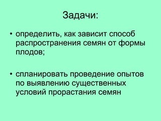 Задачи: определить, как зависит способ распространения семян от формы плодов; спланировать проведение опытов по выявлению существенных условий прорастания семян 