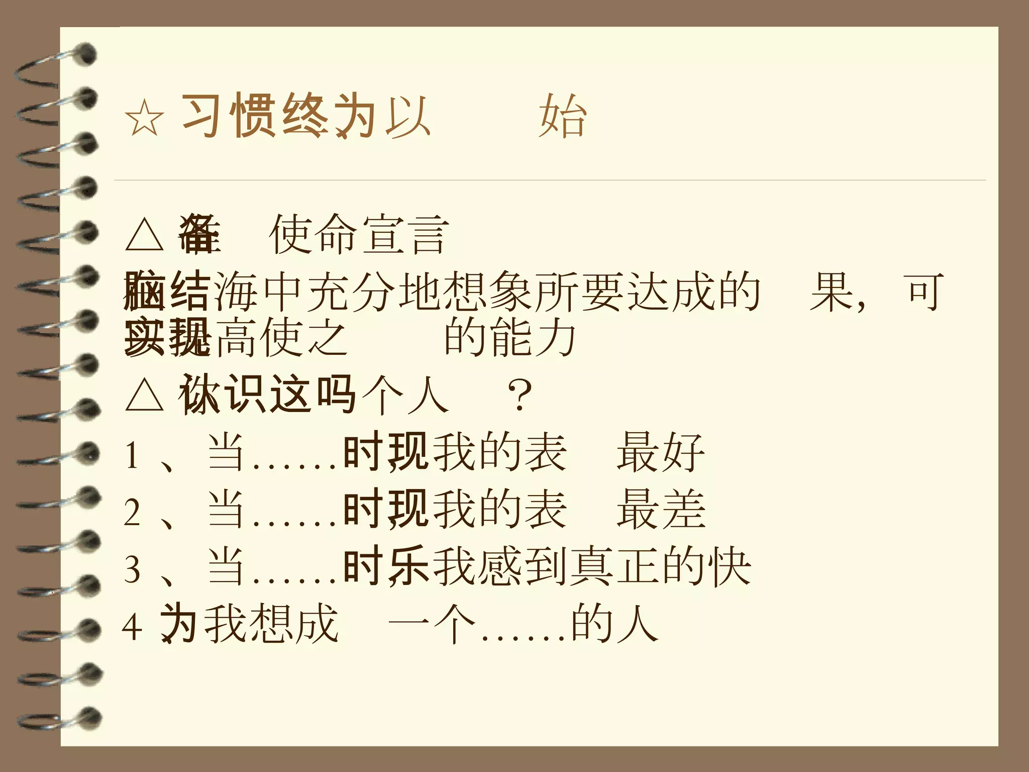 ☆ 习惯二、以终为始 △ 准备使命宣言 在脑海中充分地想象所要达成的结果，可以提高使之实现的能力 △ 你认识这个人吗？ 1 、当……时，我的表现最好 2 、当……时，我的表现最差 3 、当……时，我感到真正的快乐 4 、我想成为一个……的人 