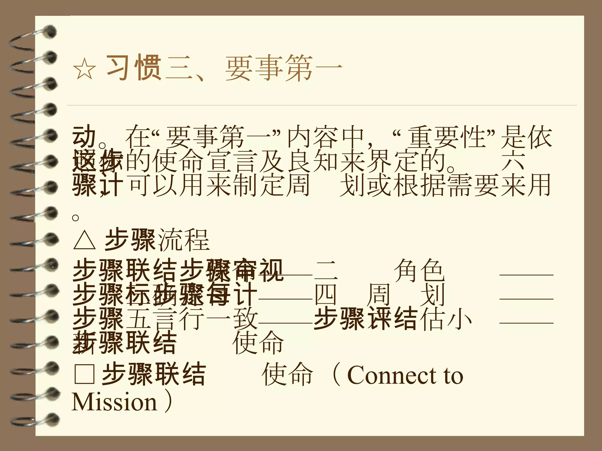 ☆ 习惯三、要事第一 动。在“要事第一”内容中，“重要性”是依照你的使命宣言及良知来界定的。这六步骤，可以用来制定周计划或根据需要来用。 △ 步骤流程 步骤一联结使命——步骤二审视角色——步骤三确定目标——步骤四每周计划——步骤五言行一致——步骤六评估小结——新步骤一联结使命 □ 步骤一：联结使命（ Connect to Mission ） 