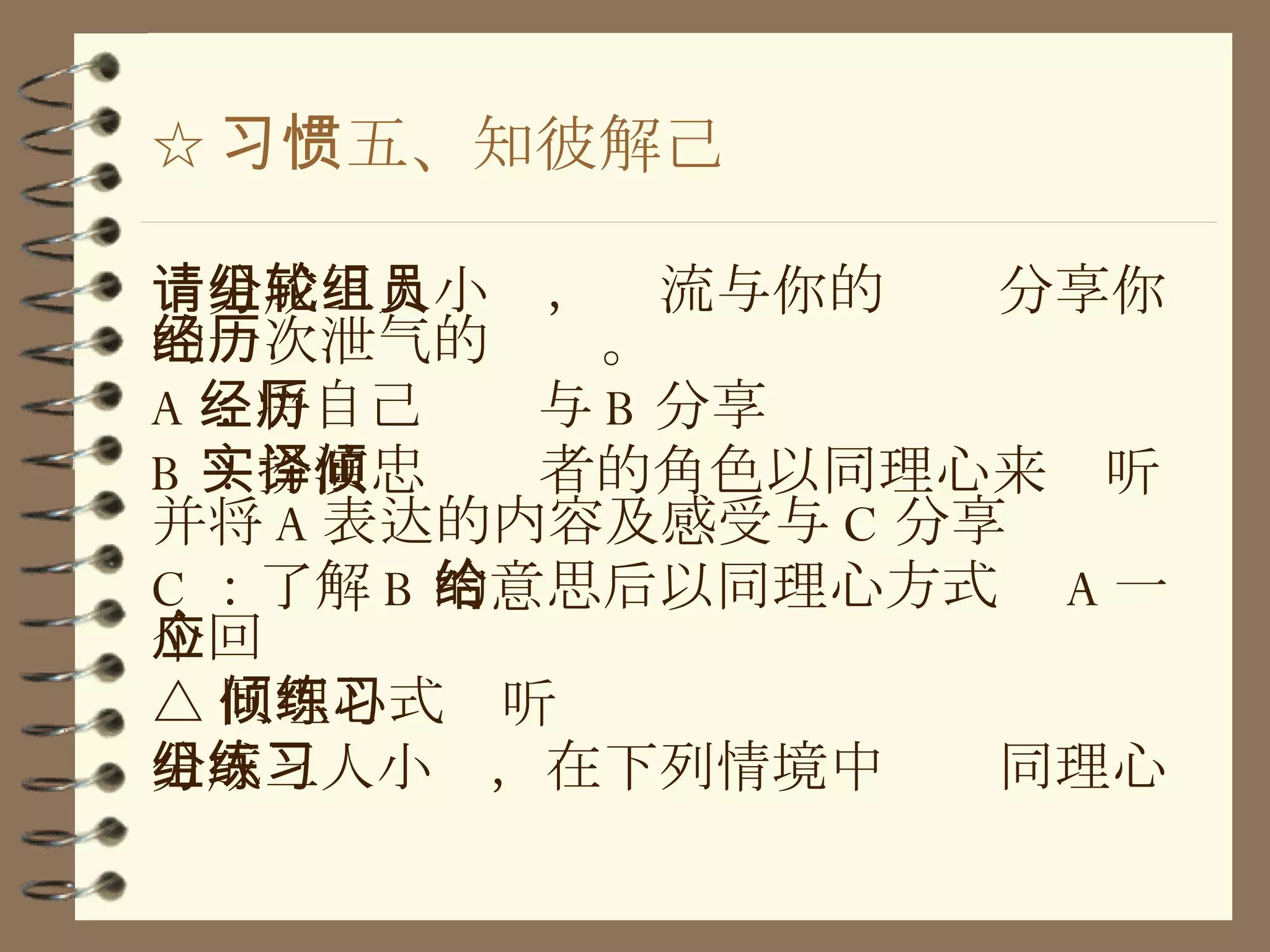 ☆ 习惯五、知彼解己 请分成三人小组，轮流与你的组员分享你的一次泄气的经历。 A ：将自己经历与 B 分享 B ：扮演忠实译者的角色以同理心来倾听并将 A 表达的内容及感受与 C 分享 C ：了解 B 的意思后以同理心方式给 A 一个回应 △ 同理心式倾听练习 分成三人小组，在下列情境中练习同理心 