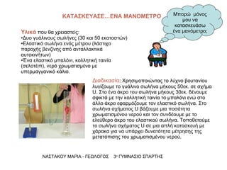 ΚΑΤΑΣΚΕΥΑΣΕ…ΕΝΑ ΜΑΝΟΜΕΤΡΟ ΝΑΣΤΑΚΟΥ ΜΑΡΙΑ - ΓΕΩΛΟΓΟΣ  3 ο  ΓΥΜΝΑΣΙΟ ΣΠΑΡΤΗΣ Μπορώ  μόνος μου να κατασκευάσω ένα μανόμετρο; Υλικά  που θα χρειαστείς: Δυο γυάλινους σωλήνες (30 και 50 εκατοστών) Ελαστικό σωλήνα ενός μέτρου (λάστιχο παροχής βενζίνης από ανταλλακτικά αυτοκινήτων) Ένα ελαστικό μπαλόνι, κολλητική ταινία (σελοτέιπ), νερό χρωματισμένο με υπερμαγγανικό κάλιο. Διαδικασία : Χρησιμοποιώντας το λύχνο βουτανίου λυγίζουμε το γυάλινο σωλήνα μήκους 50εκ. σε σχήμα  U . Στο ένα άκρο του σωλήνα μήκους 30εκ. δένουμε σφικτά με την κολλητική ταινία το μπαλόνι ενώ στο άλλο άκρο εφαρμόζουμε τον ελαστικό σωλήνα. Στο σωλήνα σχήματος  U  βάζουμε μια ποσότητα χρωματισμένου νερού και τον συνδέουμε με το ελεύθερο άκρο του ελαστικού σωλήνα. Τοποθετούμε  το σωλήνα σχήματος  U  σε μια απλή κατασκευή με χάρακα για να υπάρχει δυνατότητα μέτρησης της μετατόπισης του χρωματισμένου νερού. 