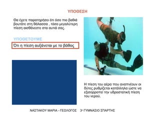 Η πίεση του αέρα που αναπνέουν οι δύτες ρυθμίζεται κατάλληλα ώστε να εξισορροπεί την υδροστατική πίεση του νερού. ΝΑΣΤΑΚΟΥ ΜΑΡΙΑ - ΓΕΩΛΟΓΟΣ  3 ο  ΓΥΜΝΑΣΙΟ ΣΠΑΡΤΗΣ ΥΠΟΘΕΣΗ Θα έχετε παρατηρήσει ότι όσο πιο βαθιά βουτάτε στη θάλασσα , τόσο μεγαλύτερη πίεση αισθάνεστε στα αυτιά σας.  Ότι η πίεση αυξάνεται με το βάθος ΥΠΟΘΕΤΟΥΜΕ 