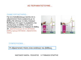 ΑΣ ΠΕΙΡΑΜΑΤΙΣΤΟΥΜΕ… Για να επαληθεύσουμε λοιπόν ότι η υδροστατική πίεση αυξάνεται με το βάθος θα κάνουμε το εξής πείραμα: Βυθίζουμε στο υγρό τη μεμβράνη του μανόμετρου σε βάθος  h  και μετά επαναλαμβάνουμε το πείραμα σε βάθος 2 h.   Διαπιστώνουμε ότι σε διπλάσιο βάθος έχουμε διπλάσια  υδροστατική πίεση. ΝΑΣΤΑΚΟΥ ΜΑΡΙΑ - ΓΕΩΛΟΓΟΣ  3 ο  ΓΥΜΝΑΣΙΟ ΣΠΑΡΤΗΣ Η υδροστατική πίεση είναι ανάλογη του βάθους.  ΠΑΜΕ ΕΡΓΑΣΤΗΡΙΟ… ΣΥΜΠΕΡΑΣΜΑ… 