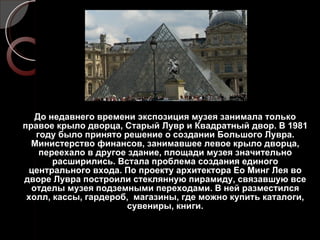 До недавнего времени экспозиция музея занимала только правое крыло дворца, Старый Лувр и Квадратный двор. В 1981 году было принято решение о создании Большого Лувра. Министерство финансов, занимавшее левое крыло дворца, переехало в другое здание, площади музея значительно расширились. Встала проблема создания единого центрального входа. По проекту архитектора Ео Минг Лея во дворе Лувра построили стеклянную пирамиду, связавшую все отделы музея подземными переходами. В ней разместился холл, кассы, гардероб,  магазины, где можно купить каталоги, сувениры, книги. 