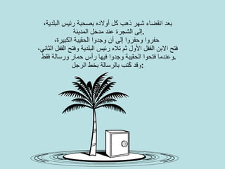 بعد انقضاء شهر ذهب كل أولاده بصحبة رئيس البلدية، إلى الشجرة عند مدخل المدينة . حفروا وحفروا إلى أن وجدوا الحقيبة الكبيرة،   فتح الابن القفل الأول ثم تلاه رئيس البلدية وفتح القفل الثاني، وعندما فتحوا الحقيبة وجدوا فيها رأس حمار ورسالة فقط . وقد كُتب بالرسالة بخط الرجل : 