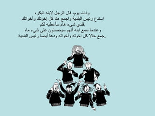 وذات يوم، قال الرجل لابنه البكر،   استدع رئيس البلدية واجمع هنا كل إخوتك وأخواتك فلدي شيء هام سأعطيه لكم .   وعندما سمع ابنه أنهم سيحصلون على شيء ما، جمع حالا كل إخوته وأخواته ودعا أيضا رئيس البلدية .   