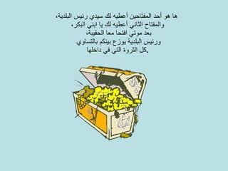 ها هو أحد المفتاحين أعطيه لك سيدي رئيس البلدية،   والمفتاح الثاني أعطيه لك يا ابني البكر، بعد موتي افتحا معا الحقيبة، ورئيس البلدية يوزع بينكم بالتساوي كل الثروة التي في داخلها . 