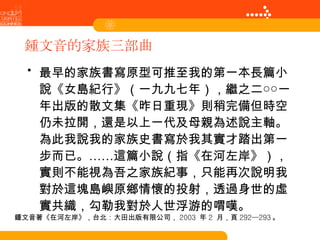 鍾文音的家族三部曲 最早的家族書寫原型可推至我的第一本長篇小說《女島紀行》（一九九七年），繼之二○○一年出版的散文集《昨日重現》則稍完備但時空仍未拉開，還是以上一代及母親為述說主軸。為此我說我的家族史書寫於我其實才踏出第一步而已。……這篇小說（指《在河左岸》），實則不能視為吾之家族紀事，只能再次說明我對於這塊島嶼原鄉情懷的投射，透過身世的虛實共織，勾勒我對於人世浮游的喟嘆。 鍾文音著《在河左岸》，台北：大田出版有限公司， 2003  年 2  月，頁 292—293 。 
