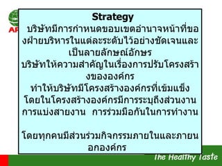 Strategy บริษัทมีการกำหนดขอบเขตอำนาจหน้าที่ของฝ่ายบริหารในแต่ละระดับไว้อย่างชัดเจนและเป็นลายลักษณ์อักษร บริษัทให้ความสำคัญในเรื่องการปรับโครงสร้างขององค์กร ทำให้บริษัทมีโครงสร้างองค์กรที่เข้มแข็ง โดยในโครงสร้างองค์กรมีการระบุถึงส่วนงาน การแบ่งสายงาน  การร่วมมือกันในการทำงาน  โดยทุกคนมีส่วนร่วมกิจกรรมภายในและภายนอกองค์กร   