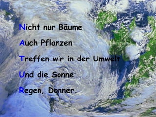 N icht nur Bäume A uch Pflanzen T reffen wir in der Umwelt U nd die Sonne R egen, Donner. 