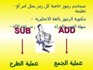 ADD عملية الجمع SUB عملية الطرح تستخدم رموز خاصة كل رمز يمثل امر أو تعليمة مكتوبة الرموز بالغة الانجليزية  سهلة الفهم والقراءة للمبرمجين من لغة الآلة 