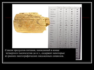 Список продуктов питания, написанный в конце четвертого тысячелетия до н.э., содержит некоторые  из ранних пиктографических письменных символов. 