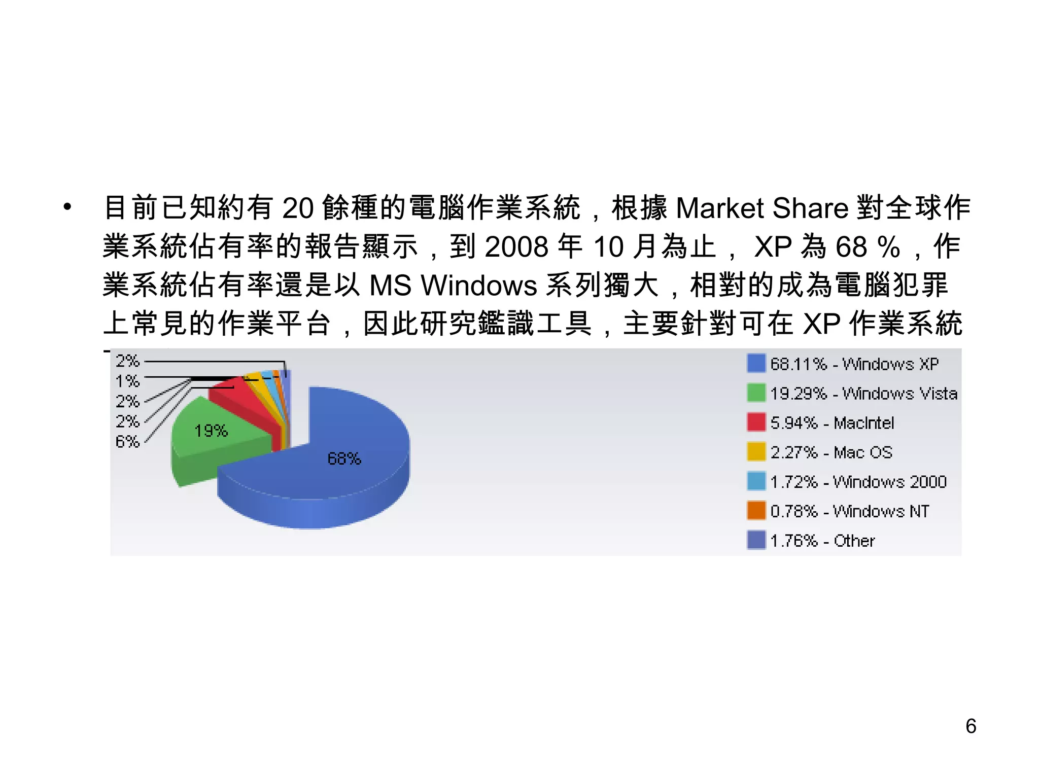 目前已知約有 20 餘種的電腦作業系統，根據 Market Share 對全球作業系統佔有率的報告顯示，到 2008 年 10 月為止， XP 為 68 ％，作業系統佔有率還是以 MS Windows 系列獨大，相對的成為電腦犯罪上常見的作業平台，因此研究鑑識工具，主要針對可在 XP 作業系統下執行。 