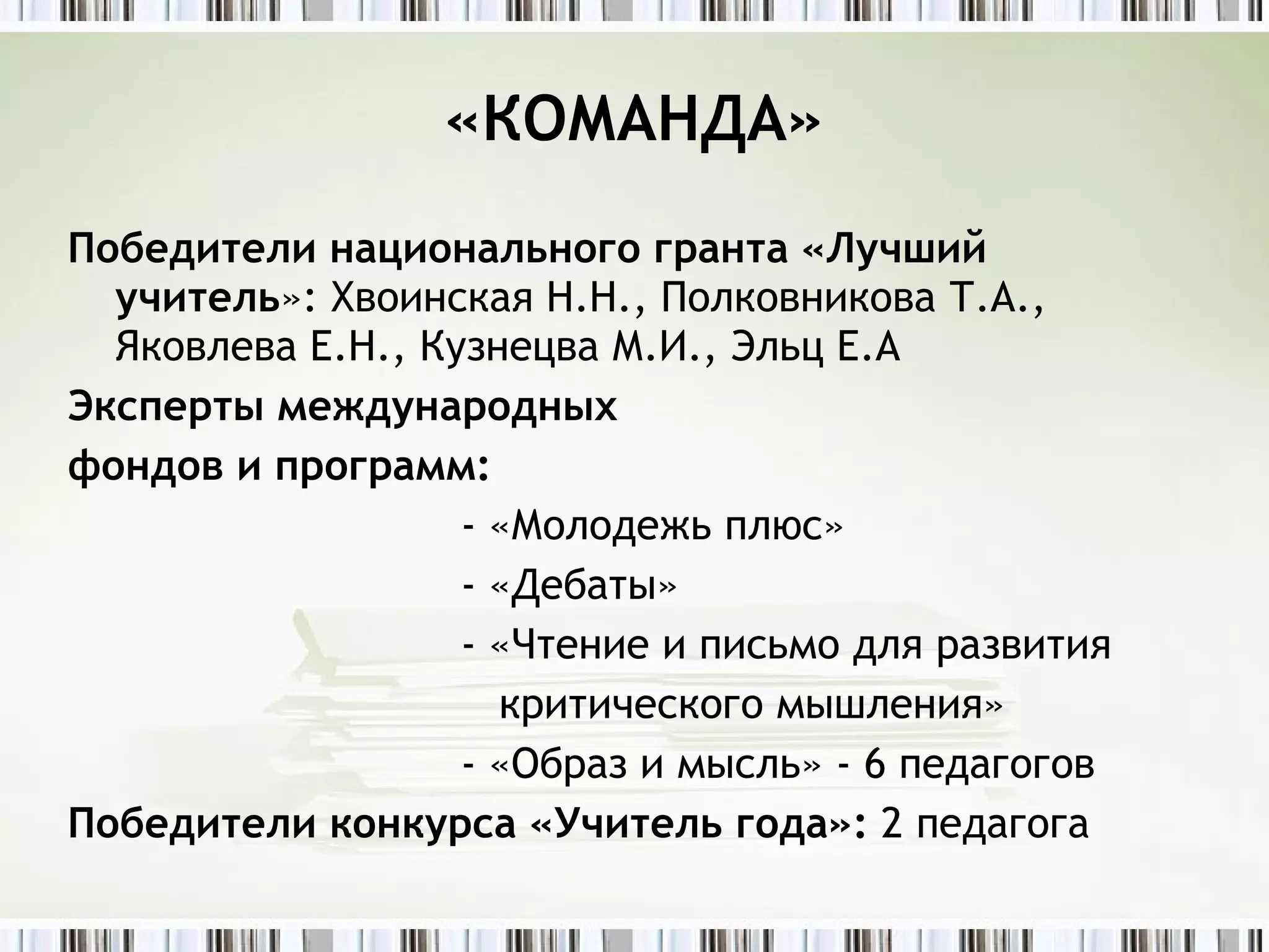 «КОМАНДА» Победители национального гранта «Лучший учитель »: Хвоинская Н.Н., Полковникова Т.А., Яковлева Е.Н., Кузнецва М.И., Эльц Е.А Эксперты международных фондов и программ:   - «Молодежь плюс»   - «Дебаты»   - «Чтение и письмо для развития   критического мышления»   - «Образ и мысль» - 6 педагогов Победители конкурса «Учитель года»:  2 педагога 