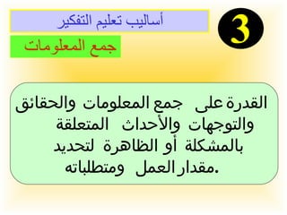أساليب تعليم التفكير 3 جمع المعلومات  القدرة على جمع المعلومات والحقائق والتوجهات والأحداث المتعلقة  بالمشكلة أو الظاهرة لتحديد  مقدار العمل ومتطلباته  .  