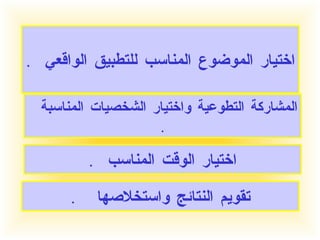 اختيار الموضوع المناسب للتطبيق الواقعي  . المشاركة التطوعية واختيار الشخصيات المناسبة  . اختيار الوقت المناسب  . تقويم النتائج واستخلاصها  . 