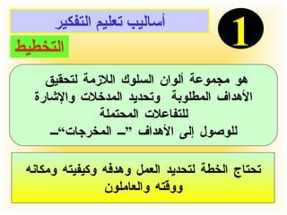 أساليب تعليم التفكير 1 التخطيط هو مجموعة ألوان السلوك اللازمة لتحقيق  الأهداف المطلوبة  وتحديد المدخلات والإشارة للتفاعلات المحتملة  للوصول إلى الأهداف ” المخرجات“ تحتاج الخطة لتحديد العمل وهدفه وكيفيته ومكانه ووقته والعاملون 