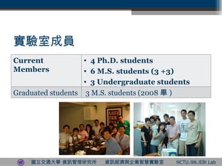 ҳɆT Current Members 4 Ph.D. students 6 M.S. students (3 +3) 3 Undergraduate students Graduated students 3 M.S. students (2008  ) 