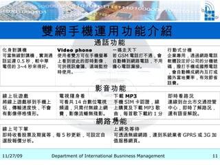 雙網手機運用功能介紹  通話功能   影音功能   網路功能   化身對講機 可當無線對講機，實測通話延遲 0.5 秒，較中華電信的 3~4 秒來得好。 Video phone 使用者雙方可在手機螢幕上看到彼此的即時影像，可於視訊會議、遠端監控時使用。 一碼走天下 若 GSM 電話打不通，會自動轉到網路電話，不用擔心電話漏接。 行動式分機 企業專用，透過網路電話軟體設定好公司的分機號碼，撥打手機或國際電話，會自動轉成網內互打或國外當地費率，有效節省話費。 線上玩遊戲   將線上遊戲移到手機上玩，傳輸速度快，不會有影像停格情形。   電視隨身看 可看共 14 台數位電視頻道，只需付無線上網費，影像流暢無殘影。 下載 MP3  手機 SIM 卡認證，線上購買及下載 MP3 歌曲，每首歌下載約 1 分鐘。 即時看路況   連線到台北市交通控管中心，即時了解路況，還有語音解說。 線上可下單   即時收看股票及期貨等，每 5 秒更新，可設定自選股報價分析。   上網免等待   可透過無線網路，連到系統業者 GPRS 或 3G 加值服務網頁。 