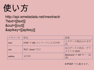 http://api.emetadata.net/mextractr ?text=[[text]] &out=[[out]] &apikey=[[apikey]] 使い方 # POST でも動きます。 パラメータ 形式 意味 text UTF8...