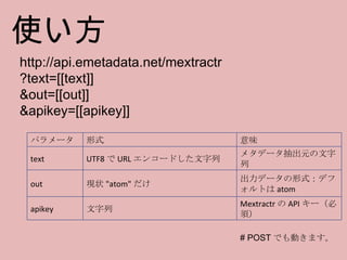 http://api.emetadata.net/mextractr ?text=[[text]] &out=[[out]] &apikey=[[apikey]] 使い方 # POST でも動きます。 パラメータ 形式 意味 text UTF8 で URL エンコードした文字列 メタデータ抽出元の文字列 out 現状 "atom" だけ 出力データの形式：デフォルトは atom apikey 文字列 Mextractr の API キー（必須） 