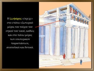 Η  ζωφόρος  «έτρεχε» στο επάνω εξωτερικό μέρος του τοίχου του σηκού του ναού, καθώς και στο πάνω μέρος των εσωτερικών παραστάσεων, ανατολικά και δυτικά. 
