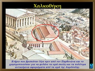 Χαλκοθήκη Κτήριο που βρισκόταν λίγο πριν από τον Παρθενώνα και το χρησιμοποιούσαν για να φυλάνε τα ιερά σκεύη και τα πολύτιμα αντικείμενα-αφιερώματα από τα ιερά της Ακρόπολης. 