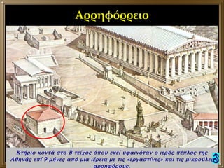 Αρρηφόρρειο Κτήριο κοντά στο Β τείχος όπου εκεί υφαινόταν ο ιερός πέπλος της Αθηνάς επί 9 μήνες από μια ιέρεια με τις «εργαστίνες» και τις μικρούλες αρρηφόρους. 