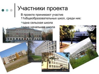 Участники проекта В проекте принимают участие 11общеобразовательных школ, среди них: одна сельская школа одна начальная школа 