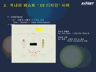 2.  국내외 베스트 ‘ UI  디자인’ 사례 1. Interface   - UI :  사용자 소통의  시각화된 접점   User / System ← Data (Information) -> User 정보의 재활용 ex)  지도 서비스 -> 맛집 또는 주변소개 양방향 소통 ex)  영화  :  사용자 리뷰  &  평점   적극적 아이덴티티의 표현 
