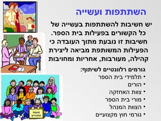 השתתפות ועשייה יש חשיבות להשתתפות בעשייה של כל הקשורים בפעילות בית הספר .  חשיבות זו נובעת מתוך העובדה כי הפעילות המשותפת מביאה ליצירת קהילה ,  מעורבות ,  אחריות ומחויבות גורמים רלוונטיים לשיתוף : תלמידי בית הספר הורים צוות האחזקה מורי בית הספר הצוות המנהל גורמי חוץ מקצועיים 