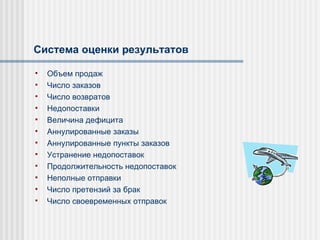 Система оценки результатов Объем продаж Число заказов Число возвратов Недопоставки Величина дефицита Аннулированные заказы Аннулированные пункты заказов Устранение недопоставок Продолжительность недопоставок Неполные отправки Число претензий за брак Число своевременных отправок 