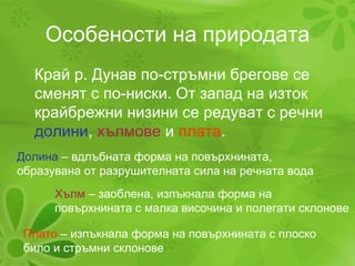 Особености на природата Край р. Дунав по-стръмни брегове се сменят с по-ниски. От запад на изток крайбрежни низини се редуват с речни  долини ,  хълмове  и  плата . Долина  – вдлъбната форма на повърхнината, образувана от разрушителната сила на речната вода Хълм  – заоблена, изпъкнала форма на повърхнината с малка височина и полегати склонове Плато  – изпъкнала форма на повърхнината с плоско било и стръмни склонове 