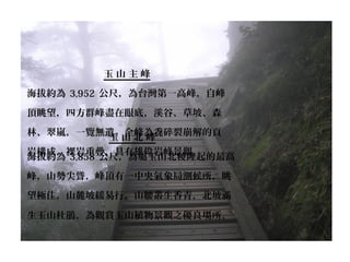 玉 山 主 峰
海拔約為 3,952 公尺，為台灣第一高峰，自峰
頂眺望，四方群峰盡在眼底，溪谷、草坡、森
林、翠嵐，一覽無遺。全峰為毳碎裂崩解的頁
岩構成，裸岩重疊，具有雄偉岩峰景觀。
玉 山 北 峰
海拔約為 3,858 公尺，為屬玉山北稜隆起的最高
峰，山勢尖聳，峰頂有一中央氣象局測候所，眺
望極佳，山麓坡緩易行，山腰叢生香青，北坡滿
生玉山杜鵑，為觀賞玉山植物景觀之優良場所。
 