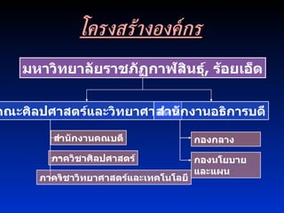 มหาวิทยาลัยราชภัฏกาฬสินธุ์ ,  ร้อยเอ็ด คณะศิลปศาสตร์และวิทยาศาสตร์ สำนักงานอธิการบดี โครงสร้างองค์กร กองกลาง กองนโยบายและแผน สำนักงานคณบดี ภาควิชาศิลปศาสตร์ ภาควิชาวิทยาศาสตร์และเทคโนโลยี 