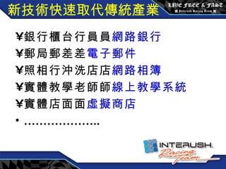 新技術快速取代傳統產業 銀行櫃台行員  網路銀行 郵局郵差  電子郵件 照相行沖洗店  網路相簿 實體教學老師  線上教學系統 實體店面  虛擬商店 ……………… .. 
