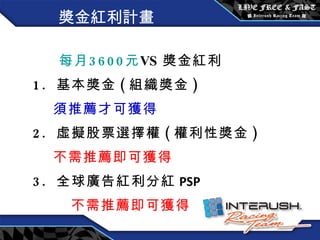 獎金紅利計畫 每月 3600 元 VS 獎金紅利 1.  基本獎金 ( 組織獎金 ) 須推薦才可獲得 2.  虛擬股票選擇權 ( 權利性獎金 ) 不需推薦即可獲得 3.  全球廣告紅利分紅 PSP 不需推薦即可獲得 