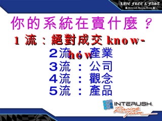 創始會員權益 / 每月 3600 元 你的系統在賣什麼 ? 1 流：絕對成交 know-how 2 流  :  產業 3 流  :  公司 4 流  :  觀念 5 流  :  產品 