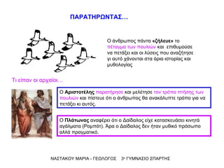 Ο  Αριστοτέλης   παρατήρησε  και μελέτησε  τον τρόπο πτήσης των πουλιών  και πίστευε ότι ο άνθρωπος θα ανακάλυπτε τρόπο για να πετάξει κι αυτός .   Ο άνθρωπος πάντα  «ζήλευε»  το  πέταγμα των πουλιών  και  επιθυμούσε να πετάξει και οι λύσεις που αναζήτησε γι αυτό χάνονται στα όρια ιστορίας και μυθολογίας  ΠΑΡΑΤΗΡΩΝΤΑΣ… ΝΑΣΤΑΚΟΥ ΜΑΡΙΑ - ΓΕΩΛΟΓΟΣ  3 ο  ΓΥΜΝΑΣΙΟ ΣΠΑΡΤΗΣ Ο  Πλάτωνας  αναφέρει ότι ο Δαίδαλος είχε κατασκευάσει κινητά αγάλματα (Ρομπότ). Άρα ο Δαίδαλος δεν ήταν μυθικό πρόσωπο αλλά πραγματικό.  Τι είπαν οι αρχαίοι… 