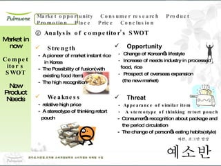 ②  Analysis of competitor’s SWOT Strength   - A pioneer of market instant rice in Korea  - The Possibility of fusion(with  existing food item)  - The high recognition Weakness  - relative high price - A stereotype of thinking retort pouch Opportunity   -  Change of Korean’s lifestyle -  Increase of needs industry in processed  food,   rice  -  Prospect of overseas expansion (the new market) Threat   - Appearance of similar item -  A stereotype of thinking retort pouch - Consumer’s recognition about package and the period circulation  - The change of person’s eating habits(style) Market in now Competitor's SWOT New Product Needs 