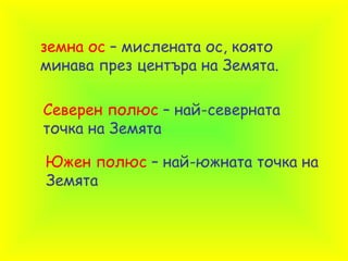земна ос  – мислената ос, която минава през центъра на Земята. Северен полюс  – най-северната точка на Земята Южен полюс  – най-южната точка на Земята 