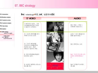 개강 ,MT_ ‘ 심장마비 ’  편 IMC strategy 01. Introduction 02.Situation analysis 03. Customer survey 04. Customer analysis 05. Case study 06. Ideation 07. IMC strategy 심장이식수술편 심장마비편 강철심장편 X- 선 촬영편 심장무료검진편 퍙 VIDEO  AUDIO ①  MT 에 간 남자 ,  그의 이상형을 발견하고 심장이 떨리기 시작한다 .  ②  그녀의 폰번호를 얻기  위해 다가가는 남자 . ③  그녀가 휴대폰을  건네 받고 번호를 입력 하려던 순간 ,  폰은  배터리가 없어서 꺼짐 .  남자 ) “ 저기 휴대폰 전화좀 알려주세요 .” SE)  폰꺼지는 소리 SE)  위잉 ~  위잉 ~  ( 휴대폰 진동소리 ) ④  꺼진 휴대폰을 힘없이  바라보는 남자 . Na)  그녀의 미소에 나의 심장도 멈춰버렸습니다 ..  Na)  디지털 익사이팅 ,  애니콜 ⑤  심전도 화면에 나타나는  애니콜 로고 07. IMC strategy 