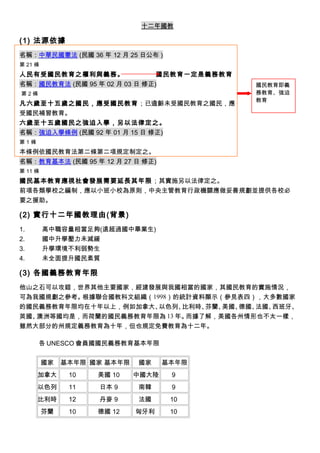 十二年國教
(1) 法源依據
名稱：中華民國憲法 (民國 36 年 12 月 25 日公布 )
第 21 條
人民有受國民教育之權利與義務。 國民教育一定是義務教育
名稱：國民教育法 (民國 95 年 02 月 03 日 修正)
第 2 條
凡六歲至十五歲之國民，應受國民教育；已逾齡未受國民教育之國民，應
受國民補習教育。
六歲至十五歲國民之強迫入學，另以法律定之。
名稱：強迫入學條例 (民國 92 年 01 月 15 日 修正)
第 1 條
本條例依國民教育法第二條第二項規定制定之。
名稱：教育基本法 (民國 95 年 12 月 27 日 修正)
第 11 條
國民基本教育應視社會發展需要延長其年限；其實施另以法律定之。
前項各類學校之編制，應以小班小校為原則，中央主管教育行政機關應做妥善規劃並提供各校必
要之援助。
(2) 實行十二年國教理由(背景)
1. 高中職容量相當足夠(遠超過國中畢業生)
2. 國中升學壓力未減緩
3. 升學環境不利弱勢生
4. 未全面提升國民素質
(3) 各國義務教育年限
他山之石可以攻錯，世界其他主要國家，經建發展與我國相當的國家，其國民教育的實施情況，
可為我國規劃之參考。根據聯合國教科文組織（1998）的統計資料顯示（參見表四），大多數國家
的國民義務教育年限均在十年以上，例如加拿大、以色列、比利時、芬蘭、美國、德國、法國、西班牙、
英國、澳洲等國均是，而荷蘭的國民義務教育年限為 13 年。而據了解，美國各州情形也不太一樣，
雖然大部分的州規定義務教育為十年，但也規定免費教育為十二年。
各 UNESCO 會員國國民義務教育基本年限
國家 基本年限 國家 基本年限 國家 基本年限
加拿大 10 美國 10 中國大陸 9
以色列 11 日本 9 南韓 9
比利時 12 丹麥 9 法國 10
芬蘭 10 德國 12 匈牙利 10
國民教育即義
務教育、強迫
教育
 